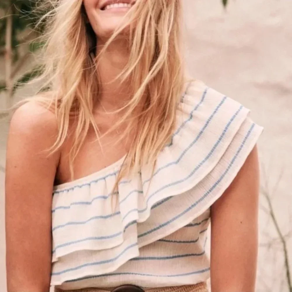 Sezane Adeline Blouse Blue Ecru One Shoulder Size 36 French / US 4 Ruffle Stripe - Picture 2 of 10